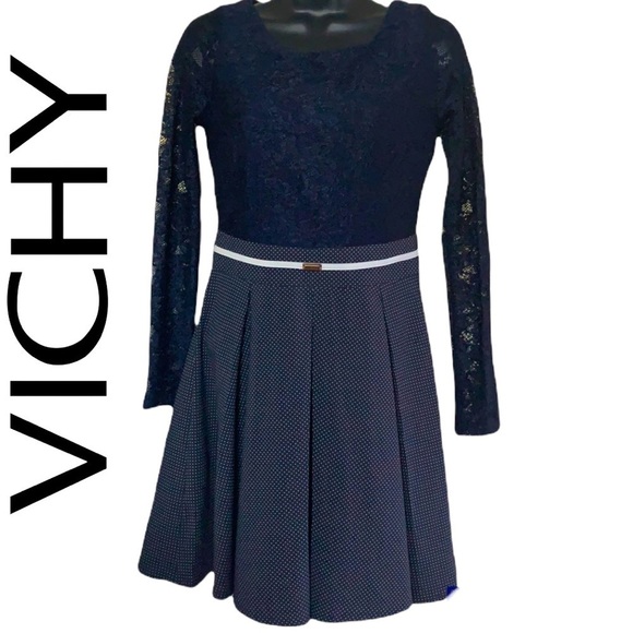Vintage🧚‍♀️Vichy Dark Navy Blue Mesh Bodice Fit And Flare Dress Size 10 - Picture 1 of 13